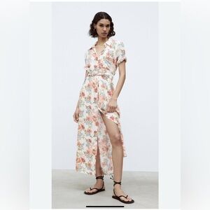 Zara Floral Flowy Tea Length Shirt Dress with Belt